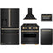 ZLINE 5-Piece Appliance Package - 30-Inch Dual Fuel Range, Hood, Refrigerator with Water Dispenser, Dishwasher, and Microwave Drawer in Black Stainless Steel with Gold Accents