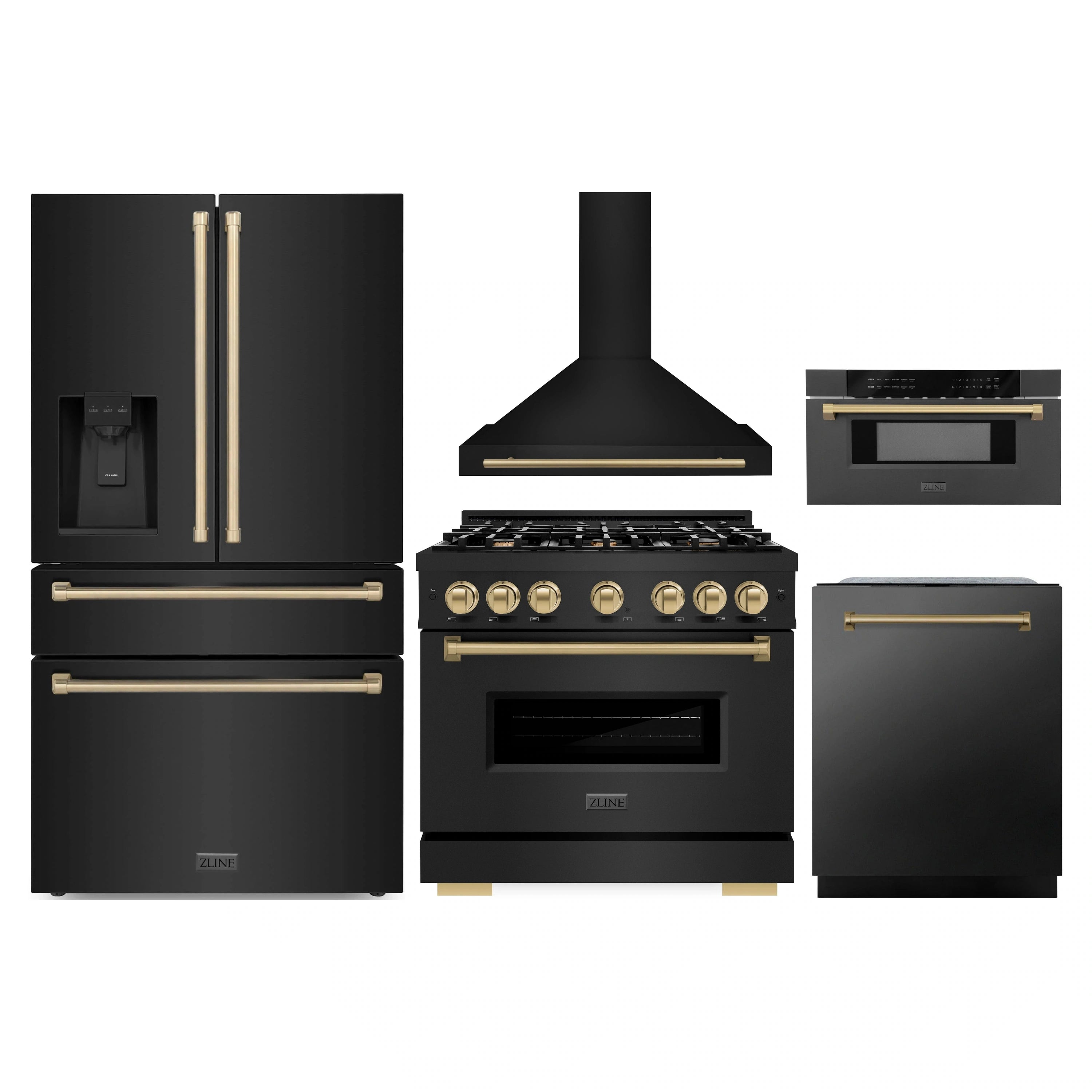 Black stainless 5-piece appliance set with champagne bronze accents, front view