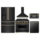 ZLINE 5-Piece Appliance Package - 36-Inch Autograph Edition Dual Fuel Range, Wall Mount Range Hood, 36-Inch French Door Refrigerator with Water Dispenser, Dishwasher, and 30-Inch Microwave Drawer in Black Stainless Steel with Champagne Bronze Accents