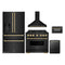 ZLINE 5-Piece Appliance Package - 36-Inch Dual Fuel Range, Hood, Refrigerator with Water Dispenser, Dishwasher, and Microwave Drawer in Black Stainless Steel with Champagne Bronze Accents