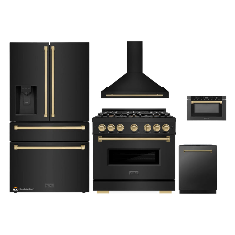 ZLINE 5-Piece Appliance Package - 36-Inch Dual Fuel Range, Hood, Refrigerator with Water Dispenser, Dishwasher, and Microwave Drawer in Black Stainless Steel with Champagne Bronze Accents
