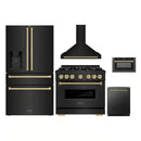 ZLINE 5-Piece Appliance Package - 36-Inch Dual Fuel Range, Hood, Refrigerator with Water Dispenser, Dishwasher, and Microwave Drawer in Black Stainless Steel with Champagne Bronze Accents