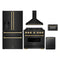 ZLINE 5-Piece Appliance Package - 36-Inch Dual Fuel Range, Hood, Refrigerator with Water Dispenser, Dishwasher, and Microwave Drawer in Black Stainless Steel with Champagne Bronze Accents