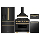 ZLINE 5-Piece Appliance Package - 36-Inch Autograph Edition Dual Fuel Range, Wall Mount Range Hood, 36-Inch French Door Refrigerator with Water Dispenser, Dishwasher, and 30-Inch Microwave Drawer in Black Stainless Steel with Gold Accents
