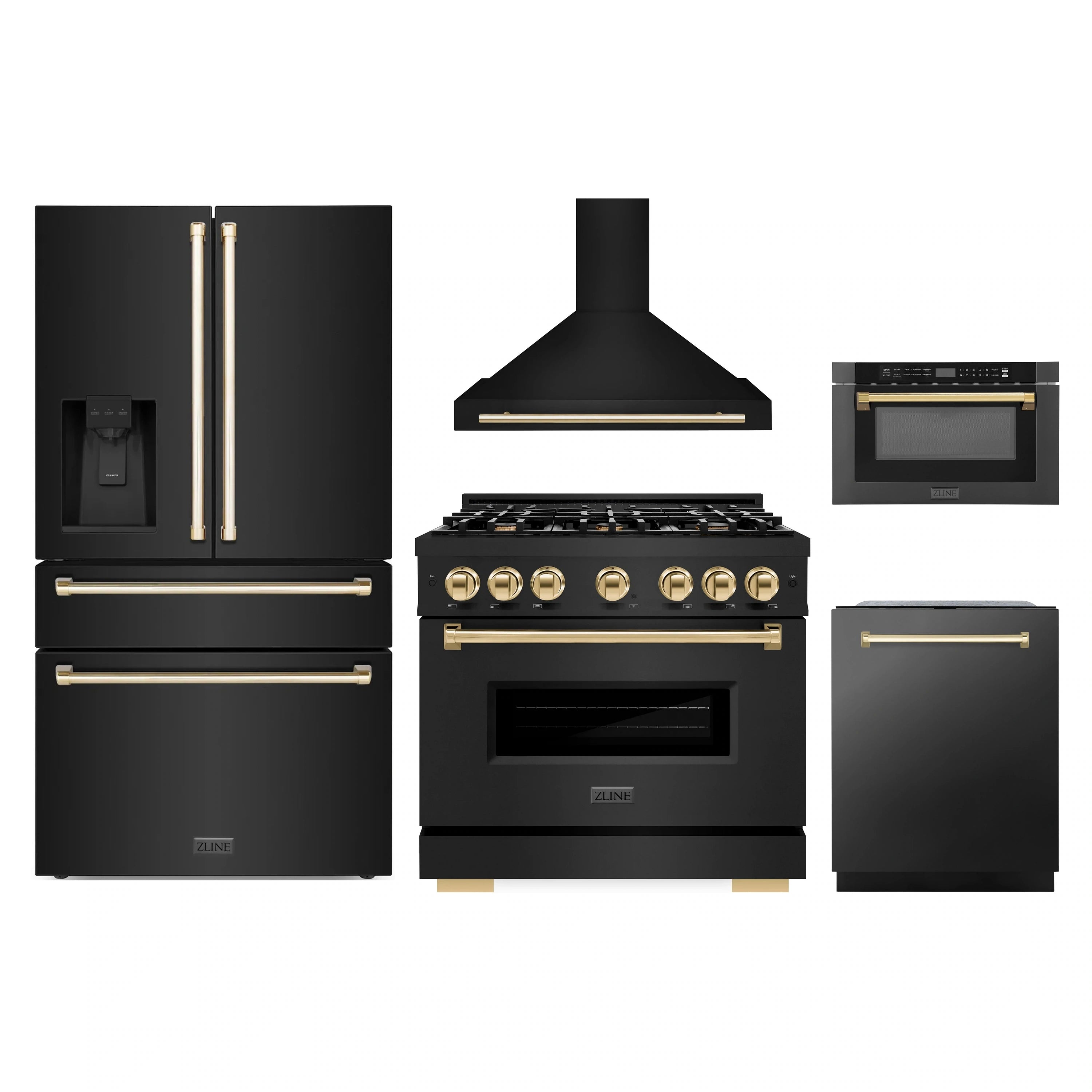 Black stainless 5-piece appliance package with gold-accent range, hood, fridge, dishwasher