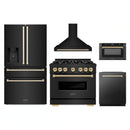 ZLINE 5-Piece Appliance Package - 36-Inch Dual Fuel Range, Hood, Refrigerator with Water Dispenser, Dishwasher, and Microwave Drawer in Black Stainless Steel with Gold Accents