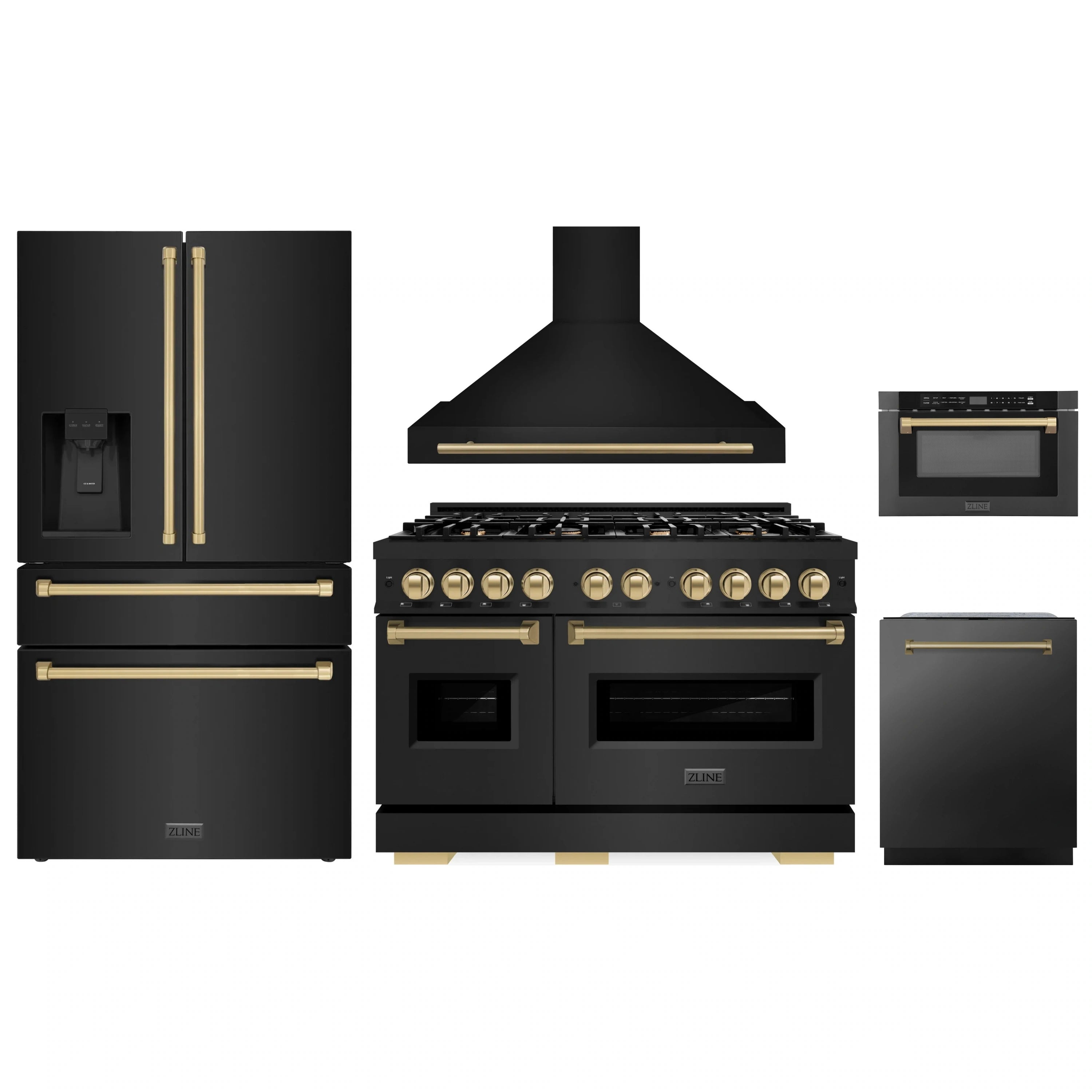 Five-piece kitchen appliance set in black stainless steel with champagne bronze accents
