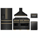 ZLINE 5-Piece Appliance Package - 48-Inch Dual Fuel Range, Hood, Refrigerator with Water Dispenser, Dishwasher, and Microwave Drawer in Black Stainless Steel with Champagne Bronze Accents