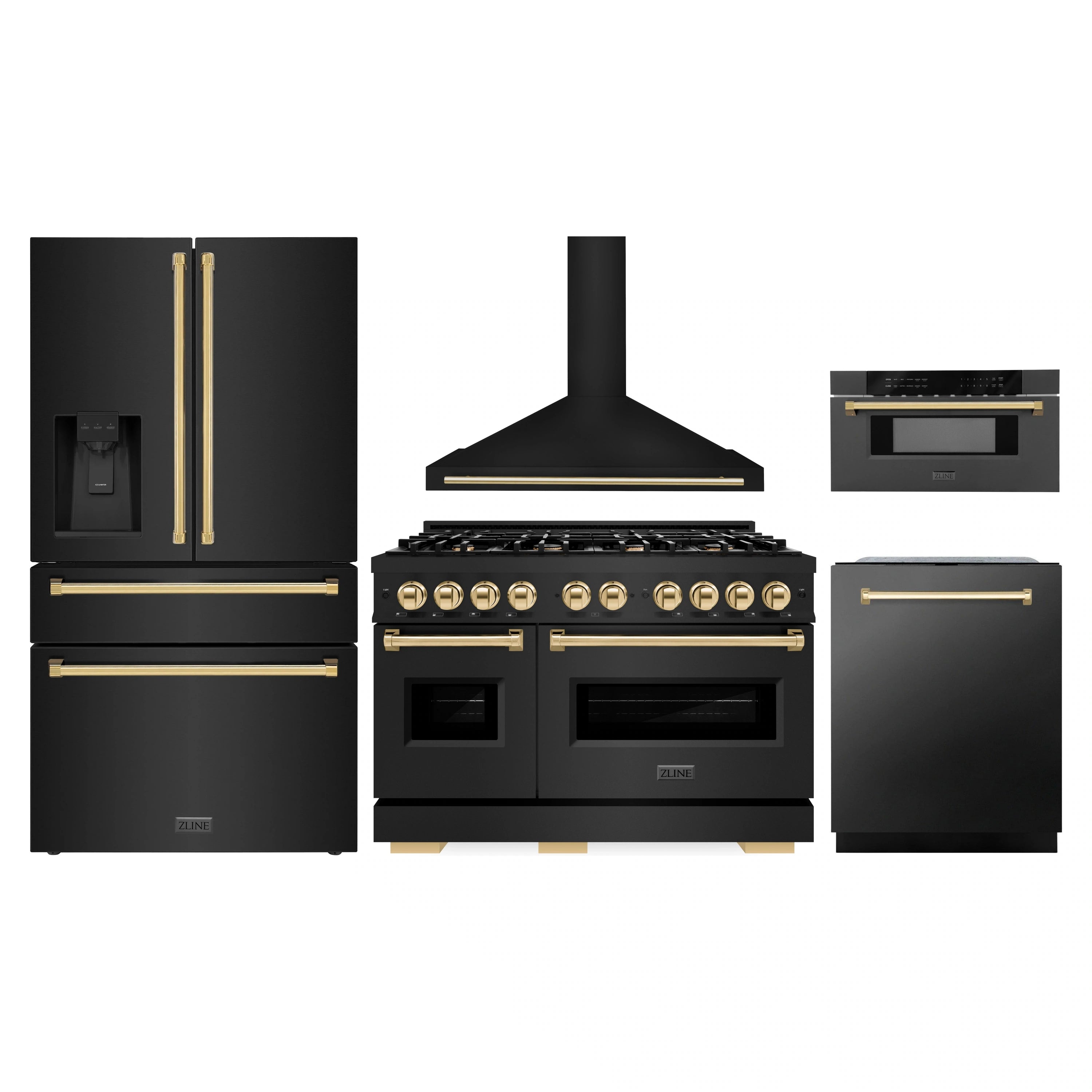 Black stainless steel kitchen appliance set with gold accents: range, hood, fridge, dishwasher