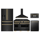 ZLINE 5-Piece Appliance Package - 48-Inch Autograph Edition Dual Fuel Range, Wall Mount Range Hood, 36-Inch French Door Refrigerator with Water Dispenser, Dishwasher, and 30-Inch Microwave Drawer in Black Stainless Steel with Gold Accents