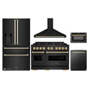 ZLINE 5-Piece Appliance Package - 48-Inch Dual Fuel Range, Hood, Refrigerator with Water Dispenser, Dishwasher, and Microwave Drawer in Black Stainless Steel with Gold Accents