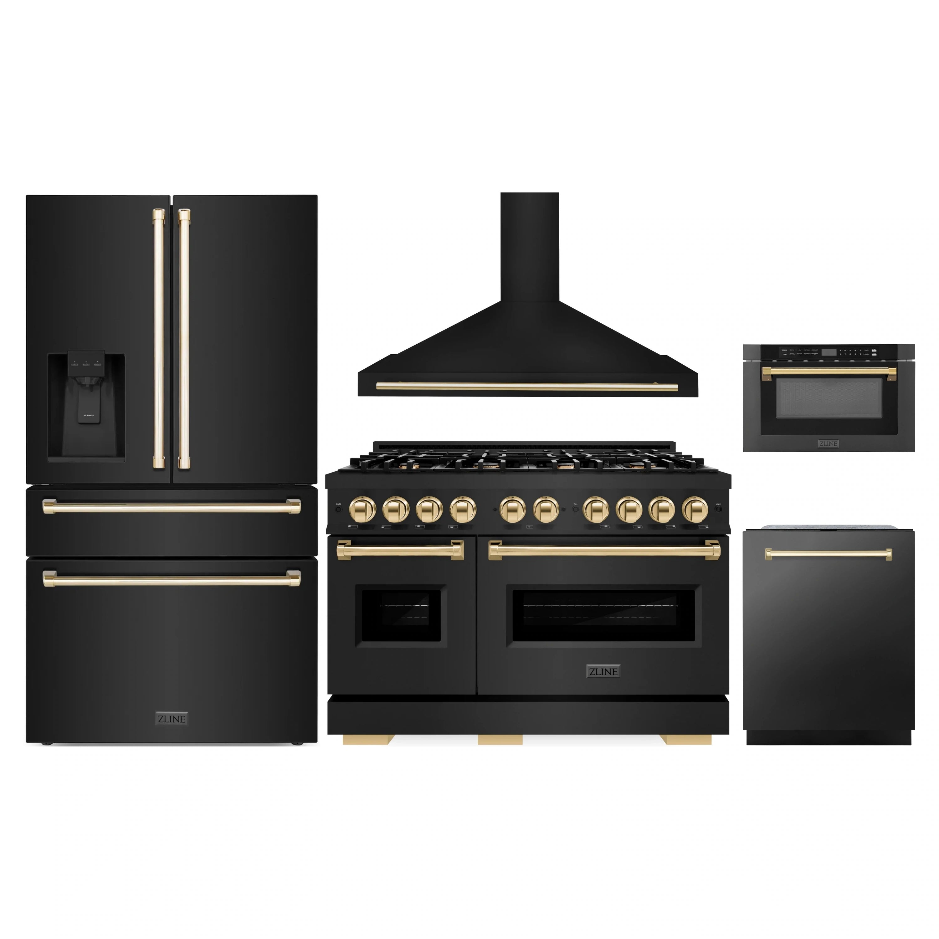 Black 5-piece appliance package: gold-accent range, hood, fridge, dishwasher, microwave drawer