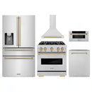 ZLINE 5-Piece Appliance Package - 30-Inch Autograph Edition Dual Fuel Range, Wall Mount Range Hood, 36-Inch French Door Refrigerator with Water Dispenser, Dishwasher, and 30-Inch Microwave Drawer in Stainless Steel with Champagne Bronze Accents