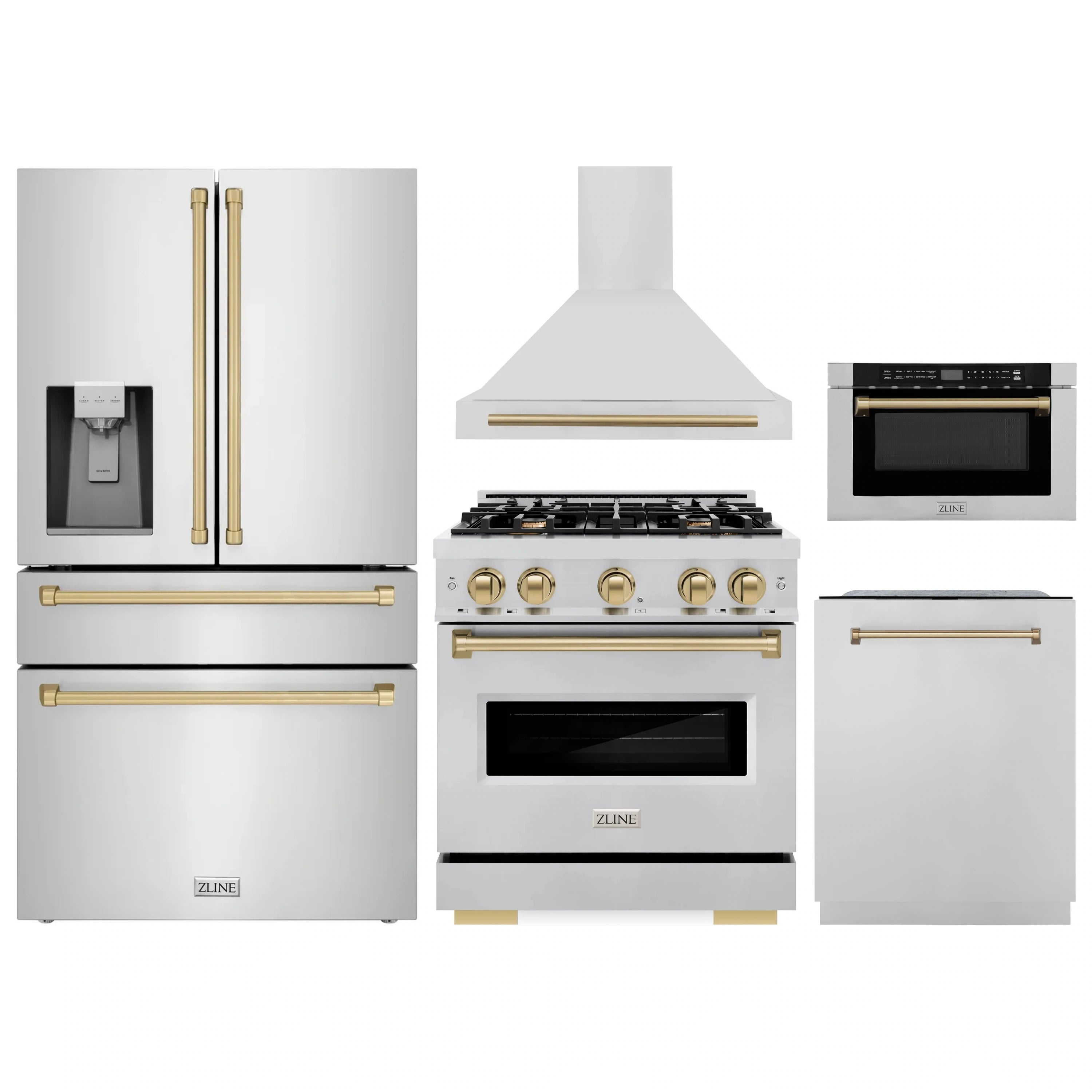 ZLINE 5-piece appliance package: refrigerator, hood, range, microwave drawer, and dishwasher