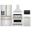 ZLINE 5-Piece Appliance Package - 30-Inch Dual Fuel Range, Hood, Refrigerator with Water Dispenser, Dishwasher, and Microwave Drawer in Stainless Steel with Champagne Bronze Accents