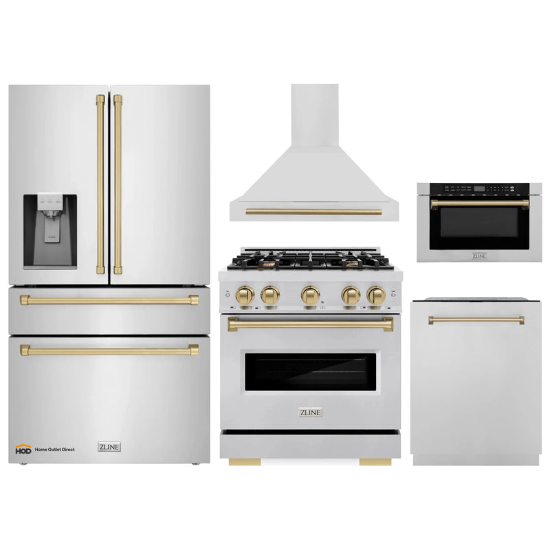ZLINE 5-Piece Appliance Package - 30-Inch Dual Fuel Range, Hood, Refrigerator with Water Dispenser, Dishwasher, and Microwave Drawer in Stainless Steel with Champagne Bronze Accents