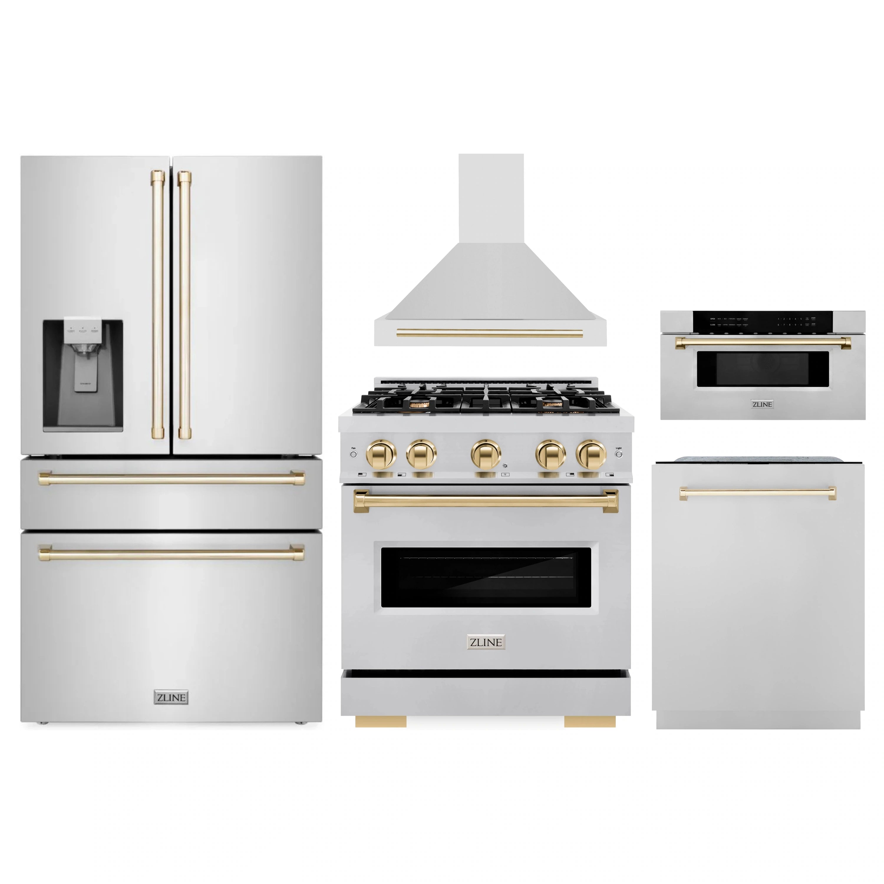 Stainless steel kitchen appliance package with gold-accented range and hood