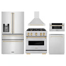 ZLINE 5-Piece Appliance Package - 30-Inch Autograph Edition Dual Fuel Range, Wall Mount Range Hood, 36-Inch French Door Refrigerator with Water Dispenser, Dishwasher, and 30-Inch Microwave Drawer in Stainless Steel with Gold Accents