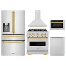 ZLINE 5-Piece Appliance Package - 30-Inch Dual Fuel Range, Hood, Refrigerator with Water Dispenser, Dishwasher, and Microwave Drawer in Stainless Steel with Gold Accents