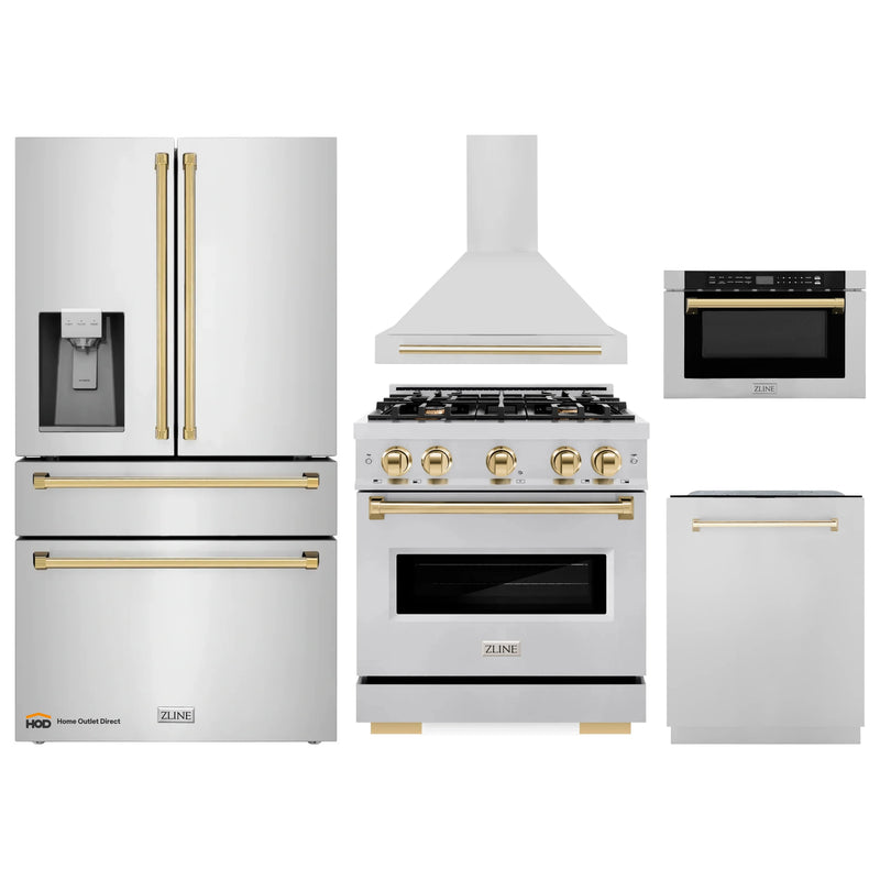 ZLINE 5-Piece Appliance Package - 30-Inch Dual Fuel Range, Hood, Refrigerator with Water Dispenser, Dishwasher, and Microwave Drawer in Stainless Steel with Gold Accents