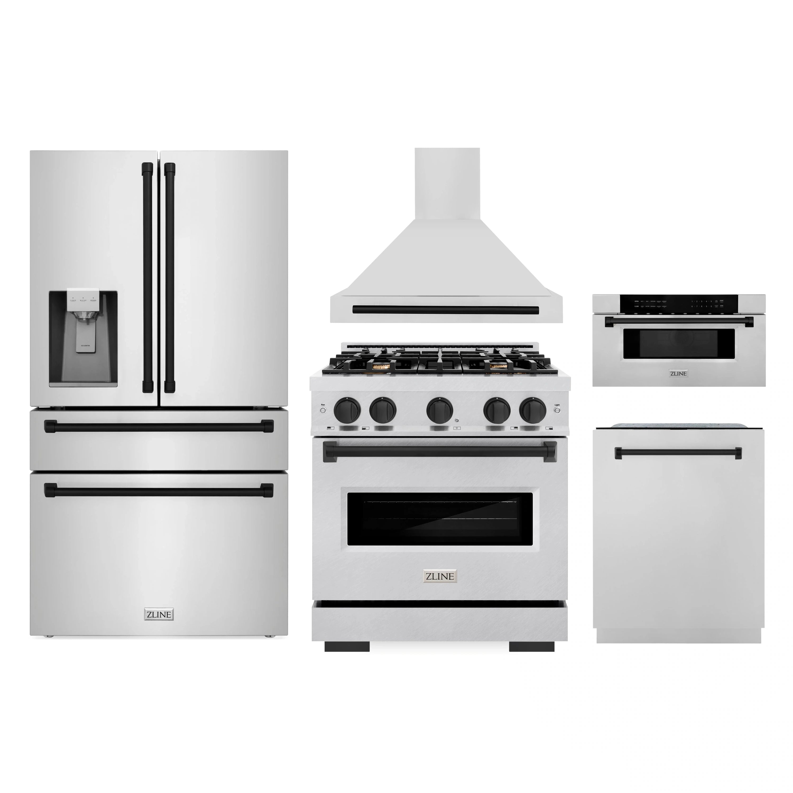 Stainless steel 5-piece appliance package with black accents: hood, range, fridge