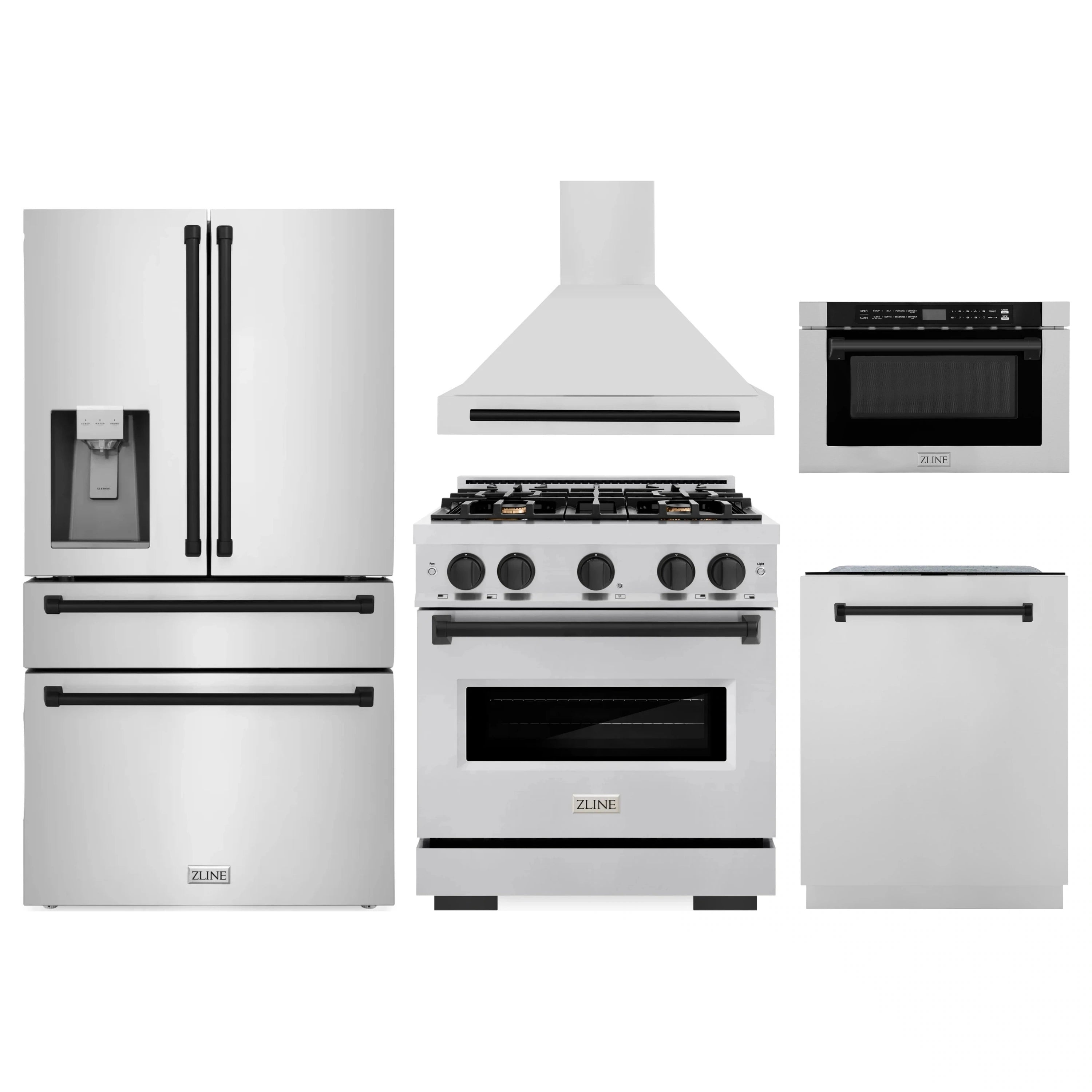 Stainless steel appliance package with refrigerator, range, range hood, and microwave drawer
