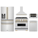 ZLINE 5-Piece Appliance Package - 36-Inch Autograph Edition Dual Fuel Range, Wall Mount Range Hood, 36-Inch French Door Refrigerator with Water Dispenser, Dishwasher, and 30-Inch Microwave Drawer in Stainless Steel with Champagne Bronze Accents