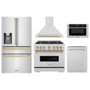 ZLINE 5-Piece Appliance Package - 36-Inch Dual Fuel Range, Hood, Refrigerator with Water Dispenser, Dishwasher, and Microwave Drawer in Stainless Steel with Champagne Bronze Accents
