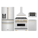 ZLINE 5-Piece Appliance Package - 36-Inch Autograph Edition Dual Fuel Range, Wall Mount Range Hood, 36-Inch French Door Refrigerator with Water Dispenser, Dishwasher, and 30-Inch Microwave Drawer in Stainless Steel with Gold Accents