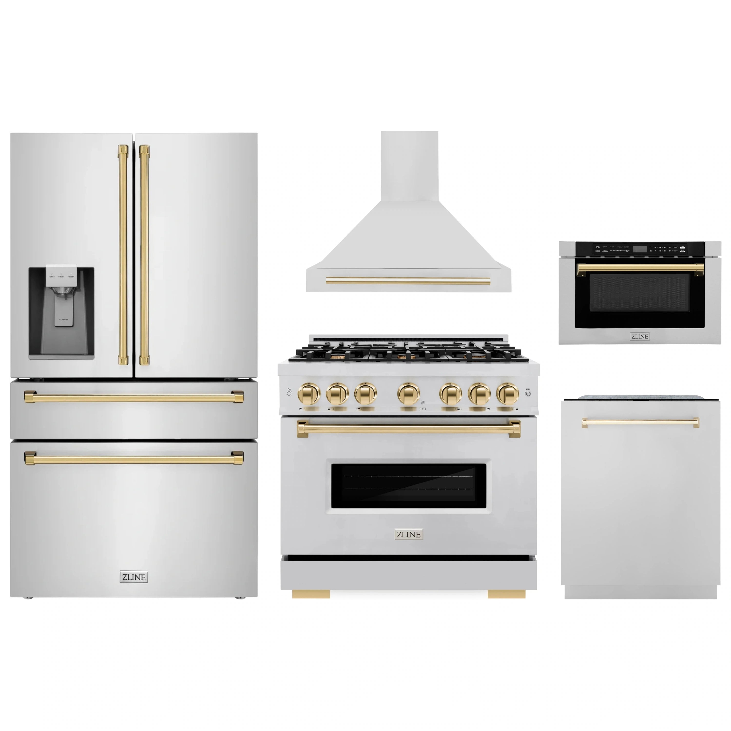 5-piece stainless steel kitchen appliance set with gold accents: refrigerator, range, hood