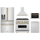 ZLINE 5-Piece Appliance Package - 36-Inch Dual Fuel Range, Hood, Refrigerator with Water Dispenser, Dishwasher, and Microwave Drawer in Stainless Steel with Gold Accents