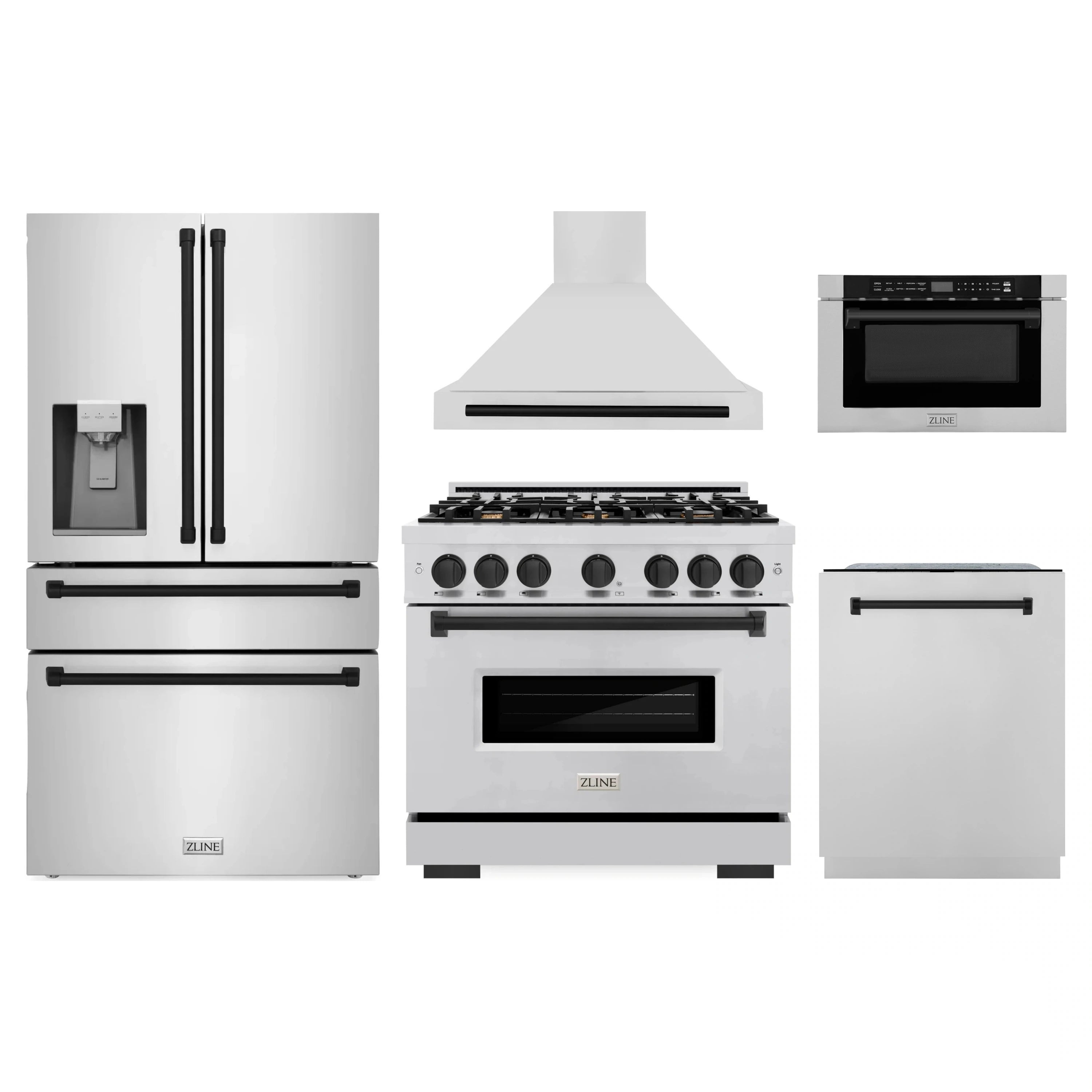 Stainless appliance package with range, hood, refrigerator, dishwasher, and microwave drawer