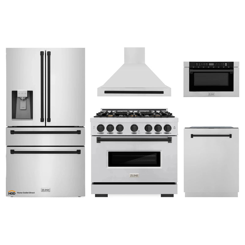 ZLINE 5-Piece Appliance Package - 36-Inch Dual Fuel Range, Hood, Refrigerator with Water Dispenser, Dishwasher, and Microwave Drawer in Stainless Steel with Matte Black Accents