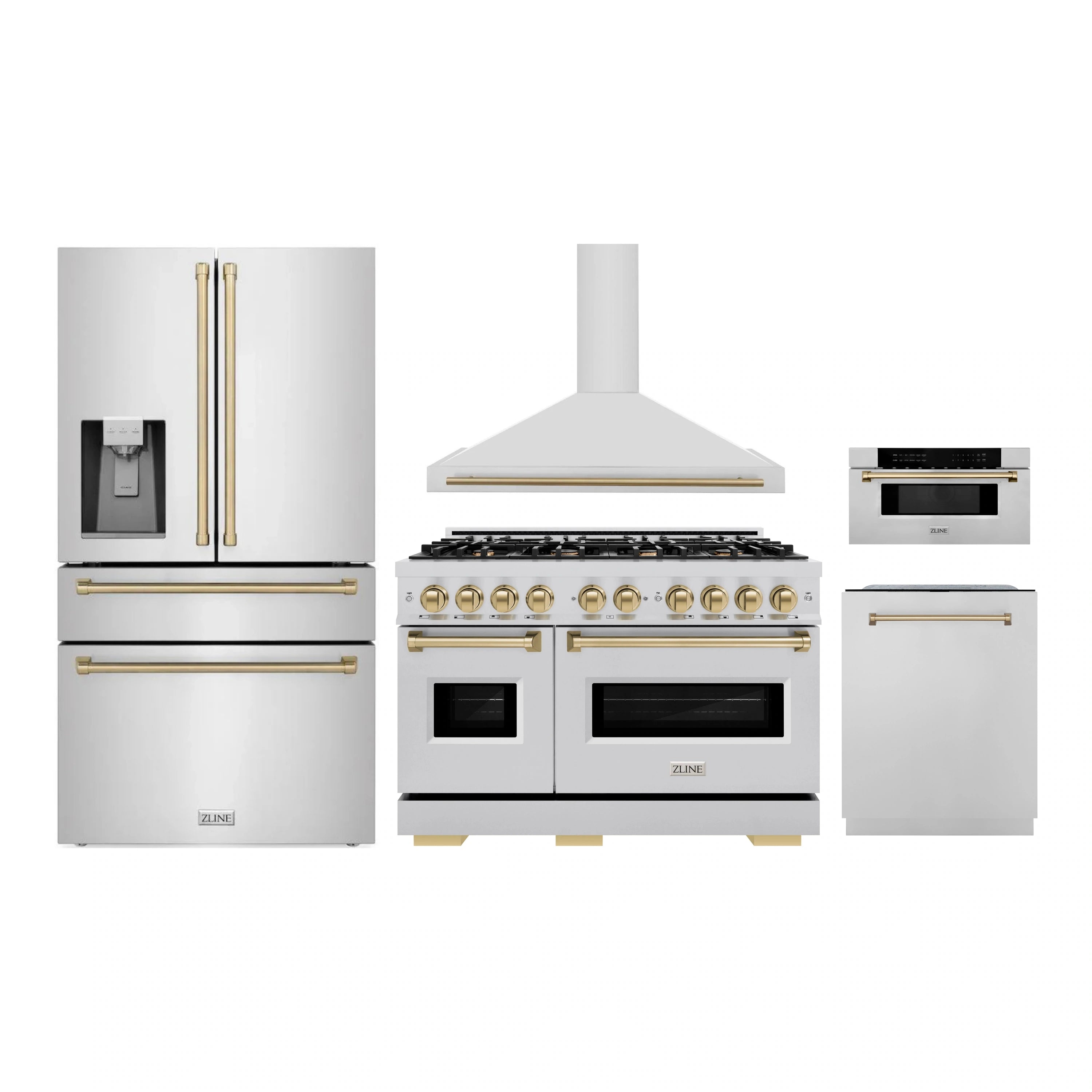 Stainless steel appliance set with champagne bronze handles and accents