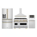 ZLINE 5-Piece Appliance Package - 48-Inch Autograph Edition Dual Fuel Range, Wall Mount Range Hood, 36-Inch French Door Refrigerator with Water Dispenser, Dishwasher, and 30-Inch Microwave Drawer in Stainless Steel with Champagne Bronze Accents