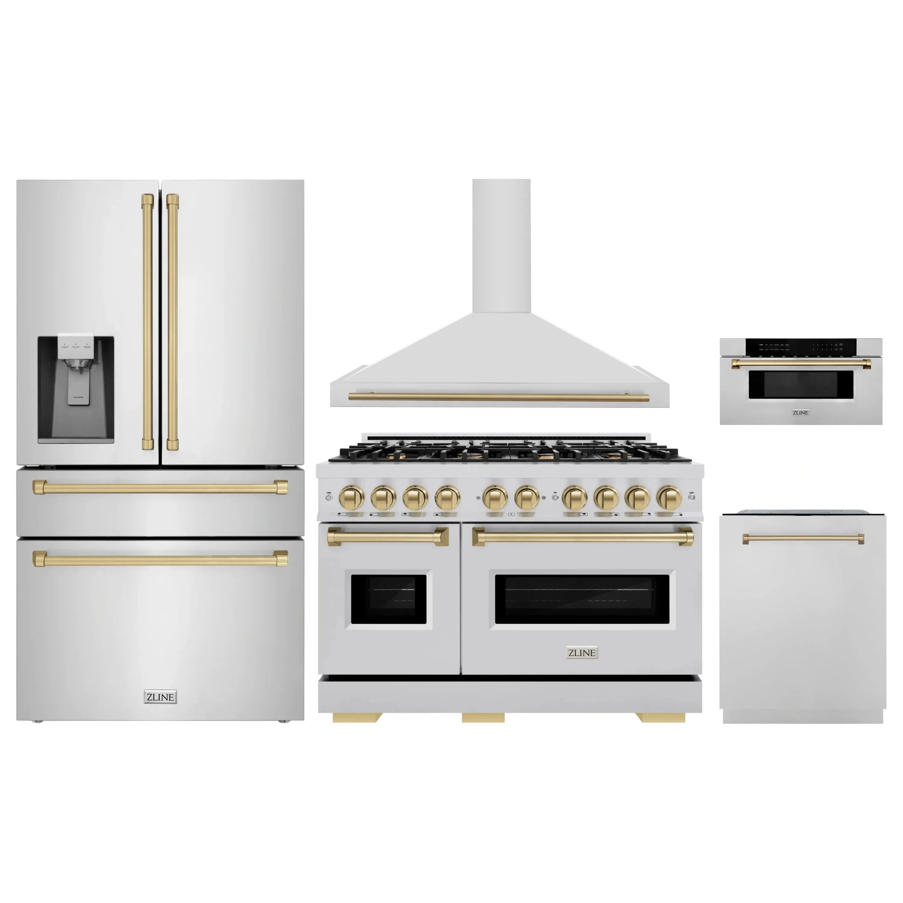 Stainless steel appliance set: dual fuel range, chimney hood, dishwasher, microwave