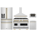 ZLINE 5-Piece Appliance Package - 48-Inch Dual Fuel Range, Hood, Refrigerator with Water Dispenser, Dishwasher, and Microwave Drawer in Stainless Steel with Champagne Bronze Accents