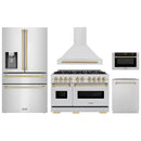 ZLINE 5-Piece Appliance Package - 48-Inch Dual Fuel Range, Hood, Refrigerator with Water Dispenser, Dishwasher, and Microwave Drawer in Stainless Steel with Champagne Bronze Accents