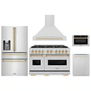 ZLINE 5-Piece Appliance Package - 48-Inch Dual Fuel Range, Hood, Refrigerator with Water Dispenser, Dishwasher, and Microwave Drawer in Stainless Steel with Gold Accents