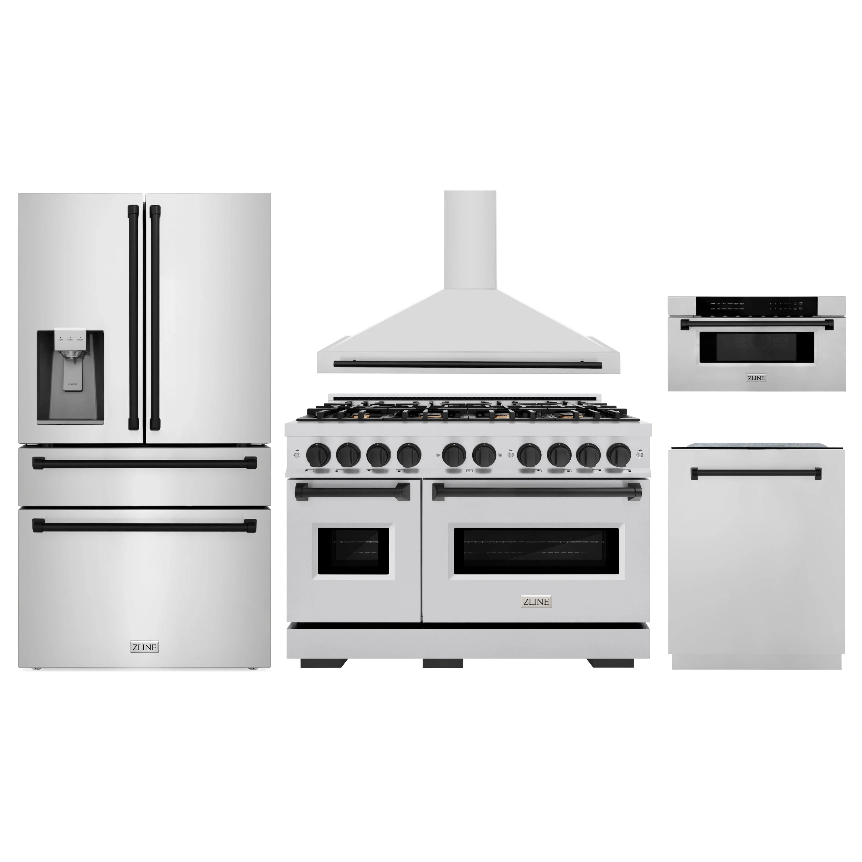 5-piece kitchen appliance set with stainless bodies and black accents