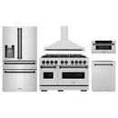 ZLINE 5-Piece Appliance Package - 48-Inch Autograph Edition Dual Fuel Range, Wall Mount Range Hood, 36-Inch French Door Refrigerator with Water Dispenser, Dishwasher, and 30-Inch Microwave Drawer in Stainless Steel Matte Black Accents