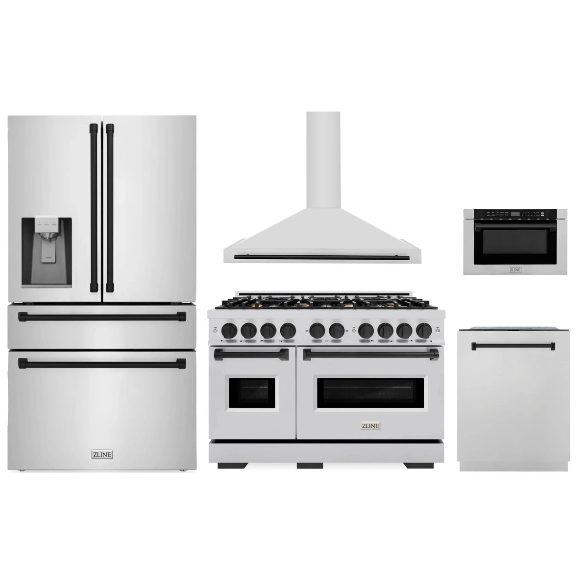 Stainless steel 5-piece appliance package: range with hood, fridge, dishwasher, microwave drawer