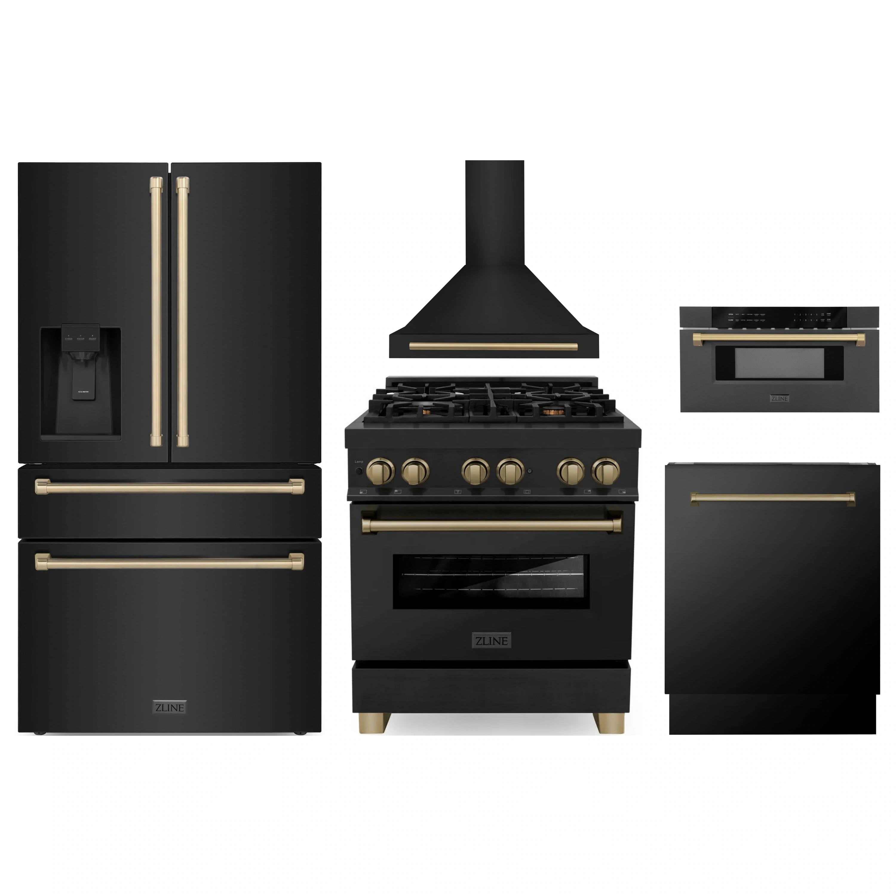 Black stainless set with champagne bronze accents: fridge, range, hood, dishwasher, microwave