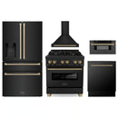 ZLINE 5-Piece Appliance Package - 30-Inch Legacy Dual Fuel Range, Wall Mount Range Hood, 36-Inch French Door Refrigerator with Water Dispenser, Dishwasher, and 30-Inch Microwave Drawer in Black Stainless Steel with Champagne Bronze Accents