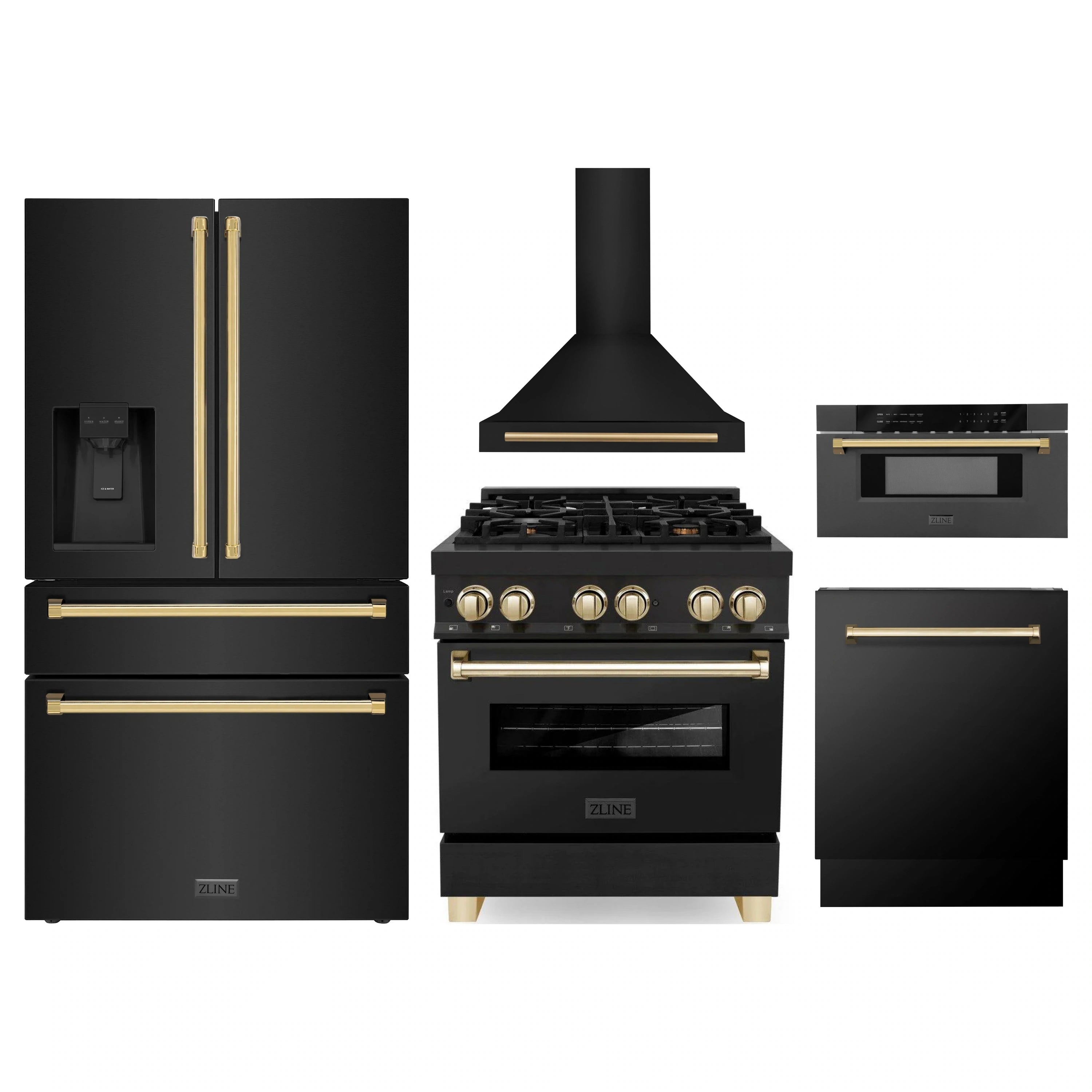 Black stainless steel 5-piece appliance package with gold accents: range, hood, microwave drawer, fridge, dishwasher