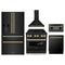 ZLINE 5-Piece Appliance Package - 30-Inch Legacy Dual Fuel Range, Wall Mount Range Hood, 36-Inch French Door Refrigerator with Water Dispenser, Dishwasher, and 30-Inch Microwave Drawer in Black Stainless Steel with Gold Accents