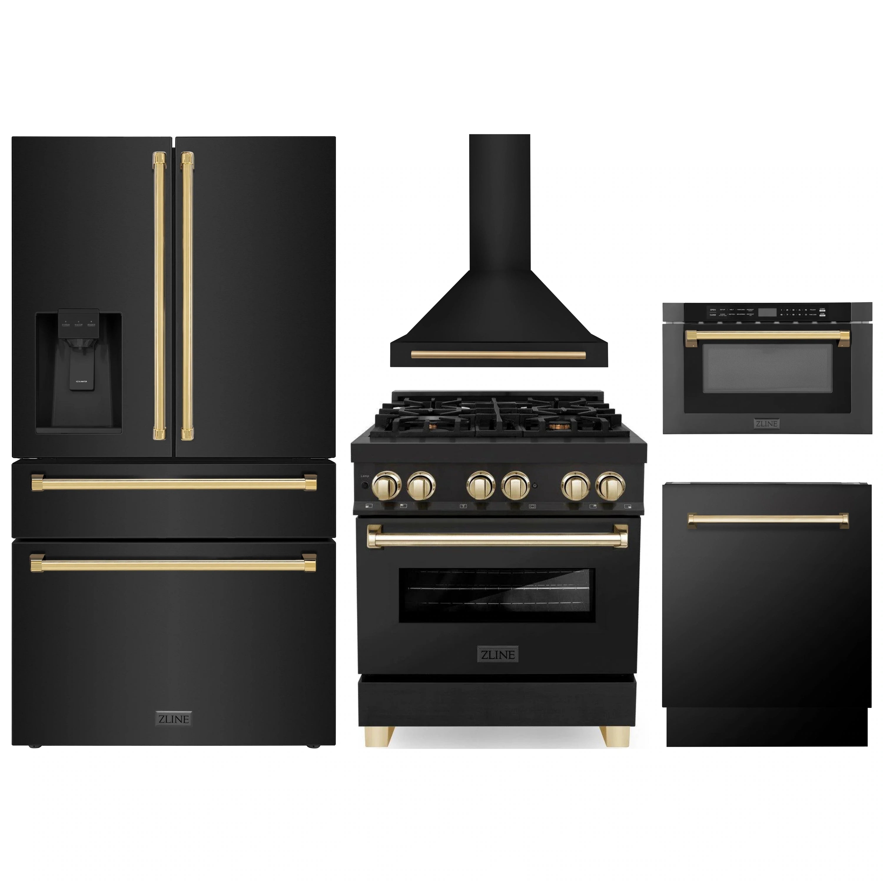 Black appliance package with gold accents—range, hood, fridge, dishwasher, microwave