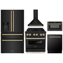 ZLINE 5-Piece Appliance Package - 30-Inch Legacy Dual Fuel Range, Wall Mount Range Hood, 36-Inch French Door Refrigerator with Water Dispenser, Dishwasher, and 30-Inch Microwave Drawer in Black Stainless Steel with Gold Accents
