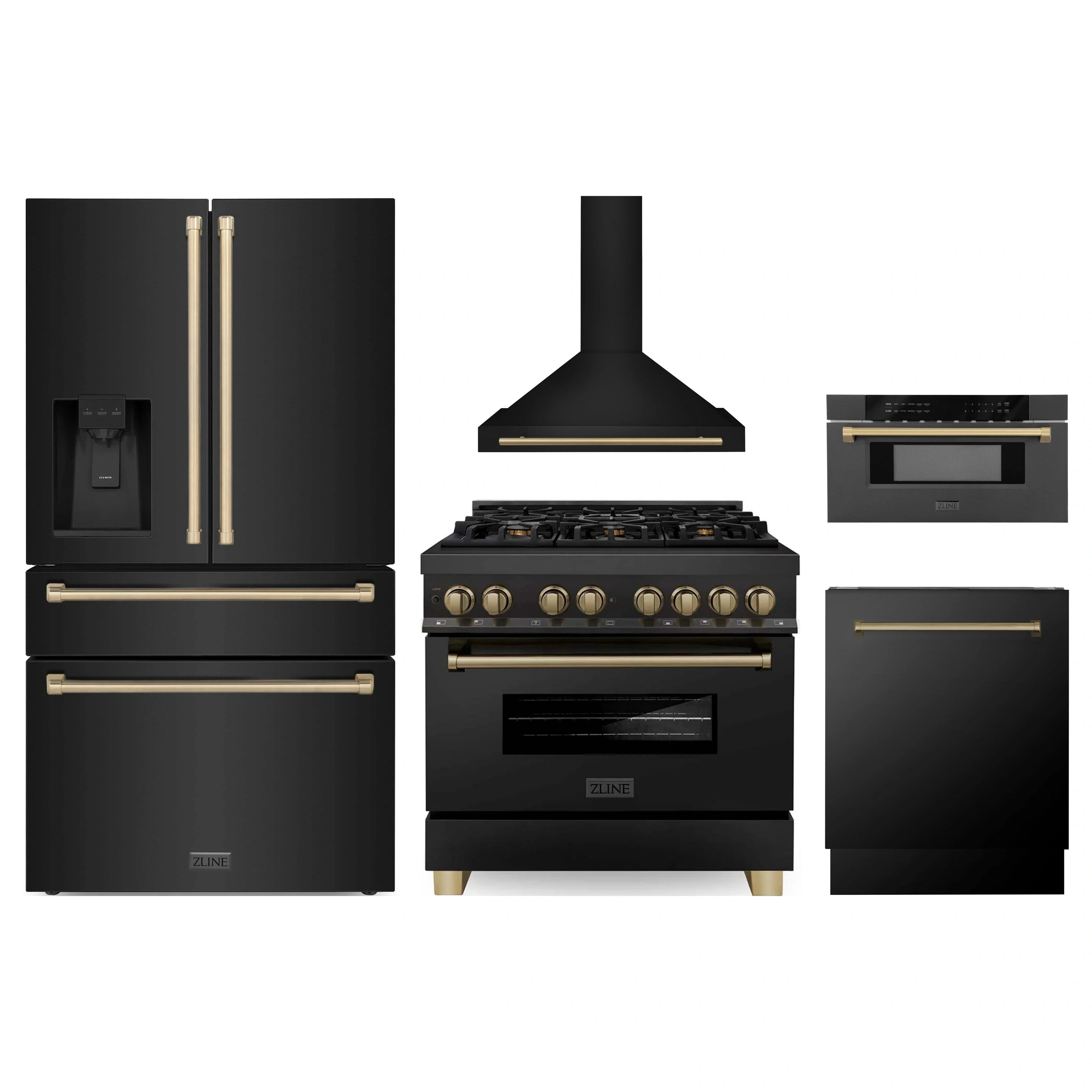 ZLINE black appliance package set with range, hood, refrigerator, dishwasher, and drawer