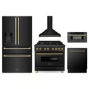 ZLINE 5-Piece Appliance Package - 36-Inch Legacy Dual Fuel Range, Wall Mount Range Hood, 36-Inch French Door Refrigerator with Water Dispenser, Dishwasher, and 30-Inch Microwave Drawer in Black Stainless Steel with Champagne Bronze Accents